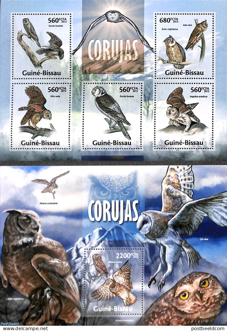 Guinea Bissau 2013 Owls 2 S/s, Mint NH, Nature - Birds - Birds Of Prey - Owls - Guinea-Bissau