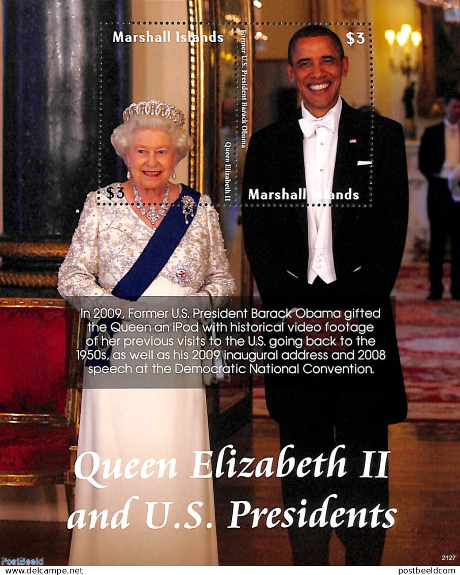 Marshall Islands 2021 Queen Elizabeth II With Pres. Obama S/s, Mint NH, History - American Presidents - Kings & Queens.. - Koniklijke Families