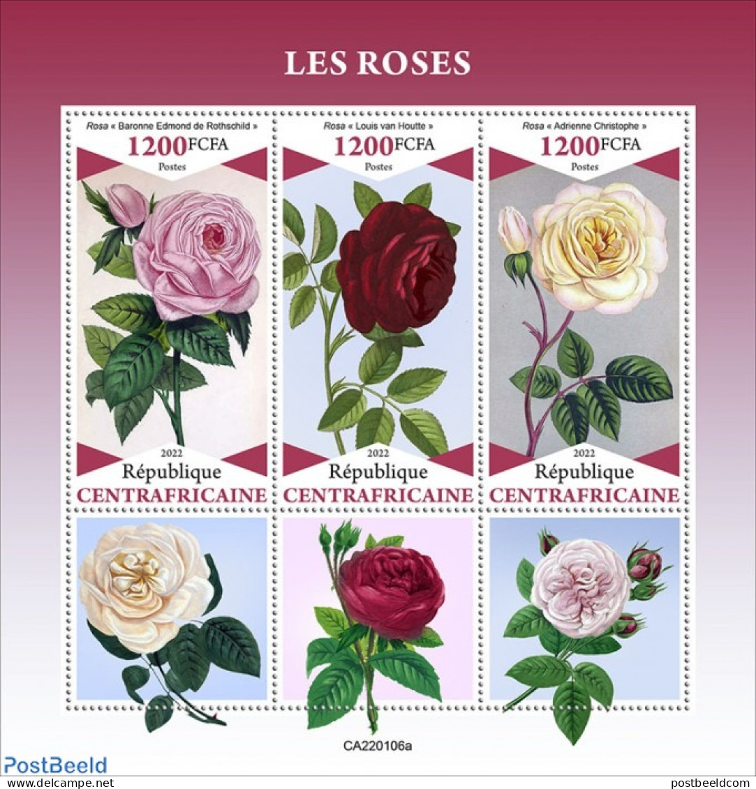 Central Africa 2022 Roses, Mint NH, Nature - Flowers & Plants - Roses - República Centroafricana