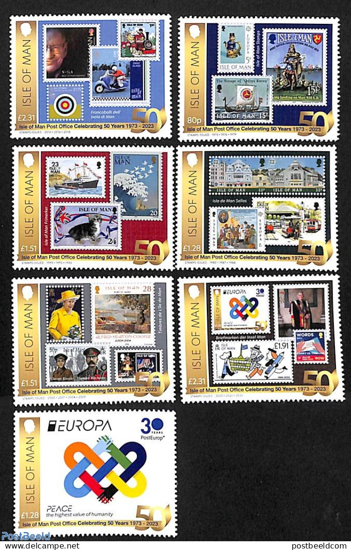 Isle Of Man 2023 50 Years Stamps 7v, Mint NH, History - Nature - Transport - Europa (cept) - Cats - Stamps On Stamps -.. - Briefmarken Auf Briefmarken