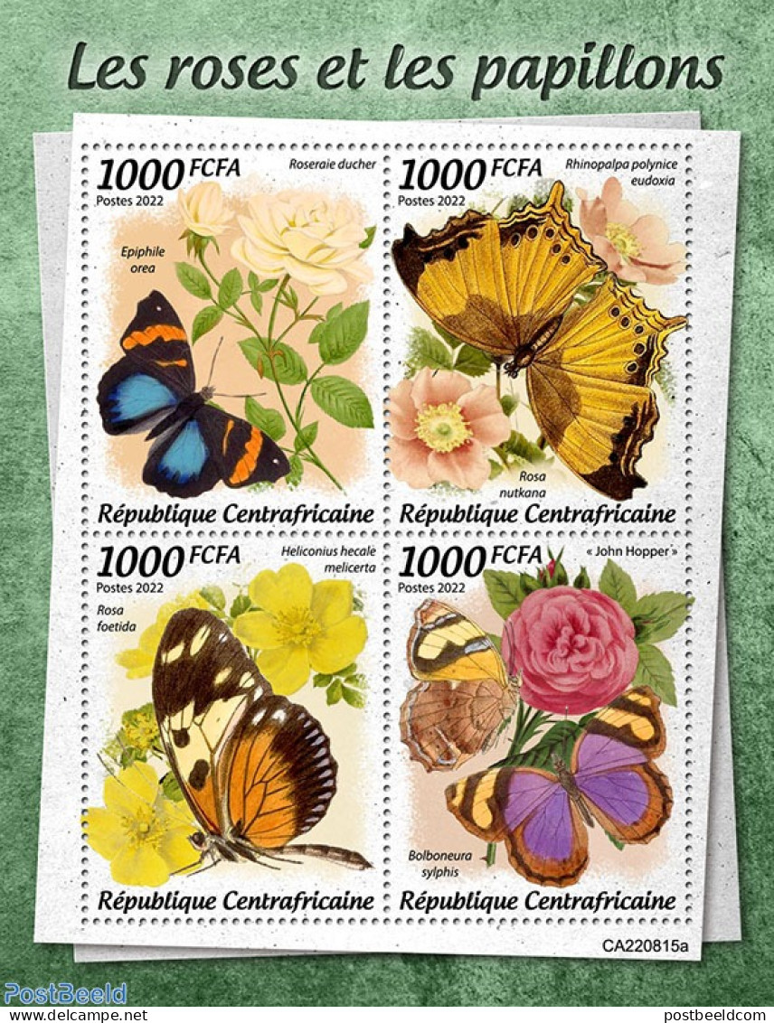 Central Africa 2022 Roses And Butterflies, Mint NH, Nature - Butterflies - Flowers & Plants - Roses - Repubblica Centroafricana
