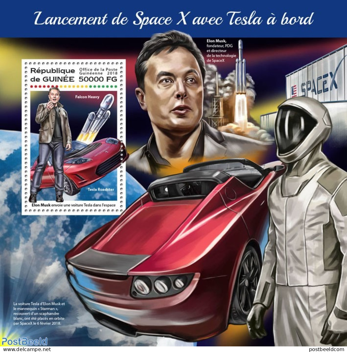 Guinea, Republic 2018 Launch Of SpaceX With Tesla On Board, Mint NH, Science - Transport - Inventors - Automobiles - S.. - Auto's