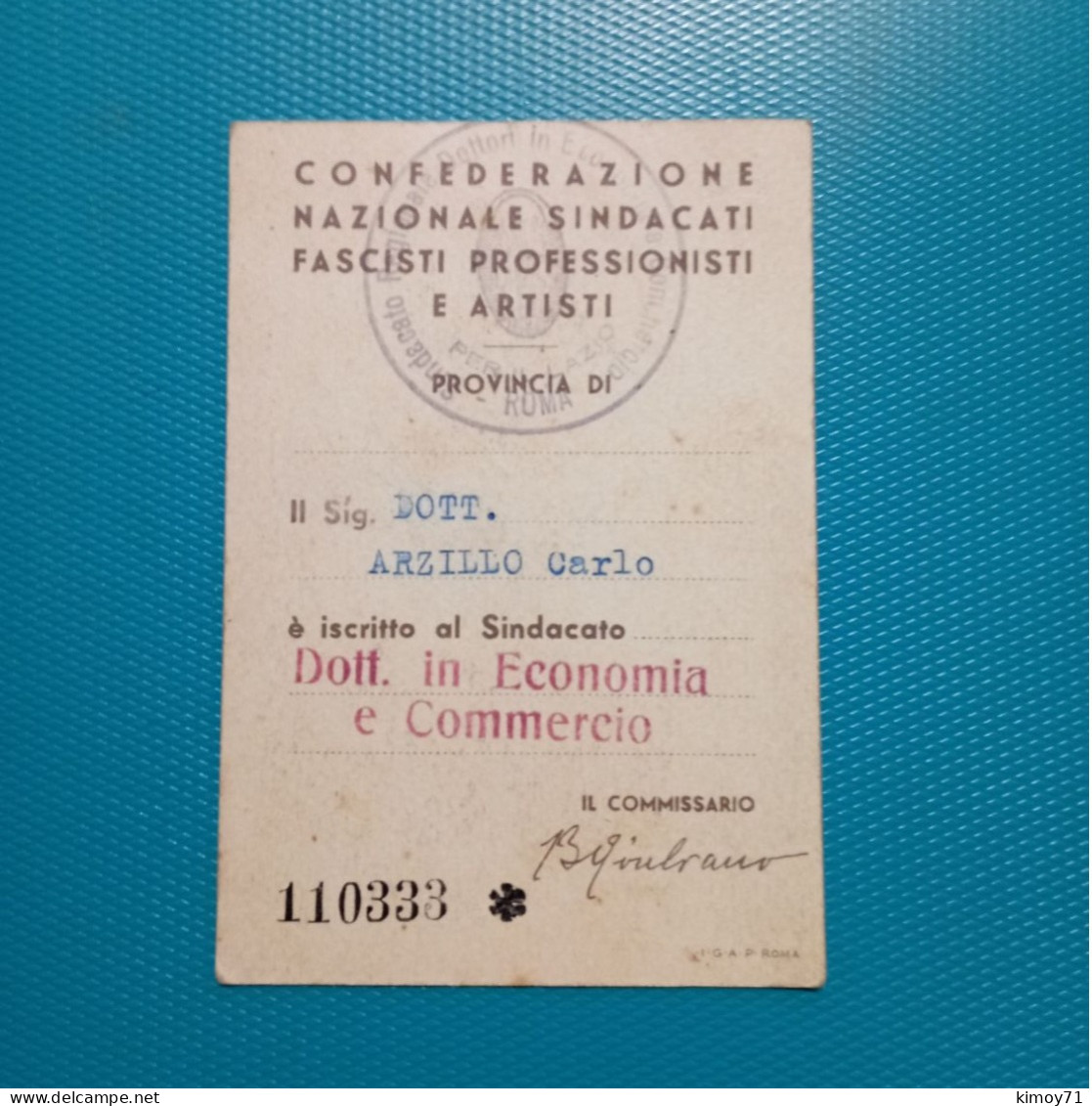 Tessera Confederazione Nazionale Sindacati Fascisti Professionisti E Artisti - Documents Historiques