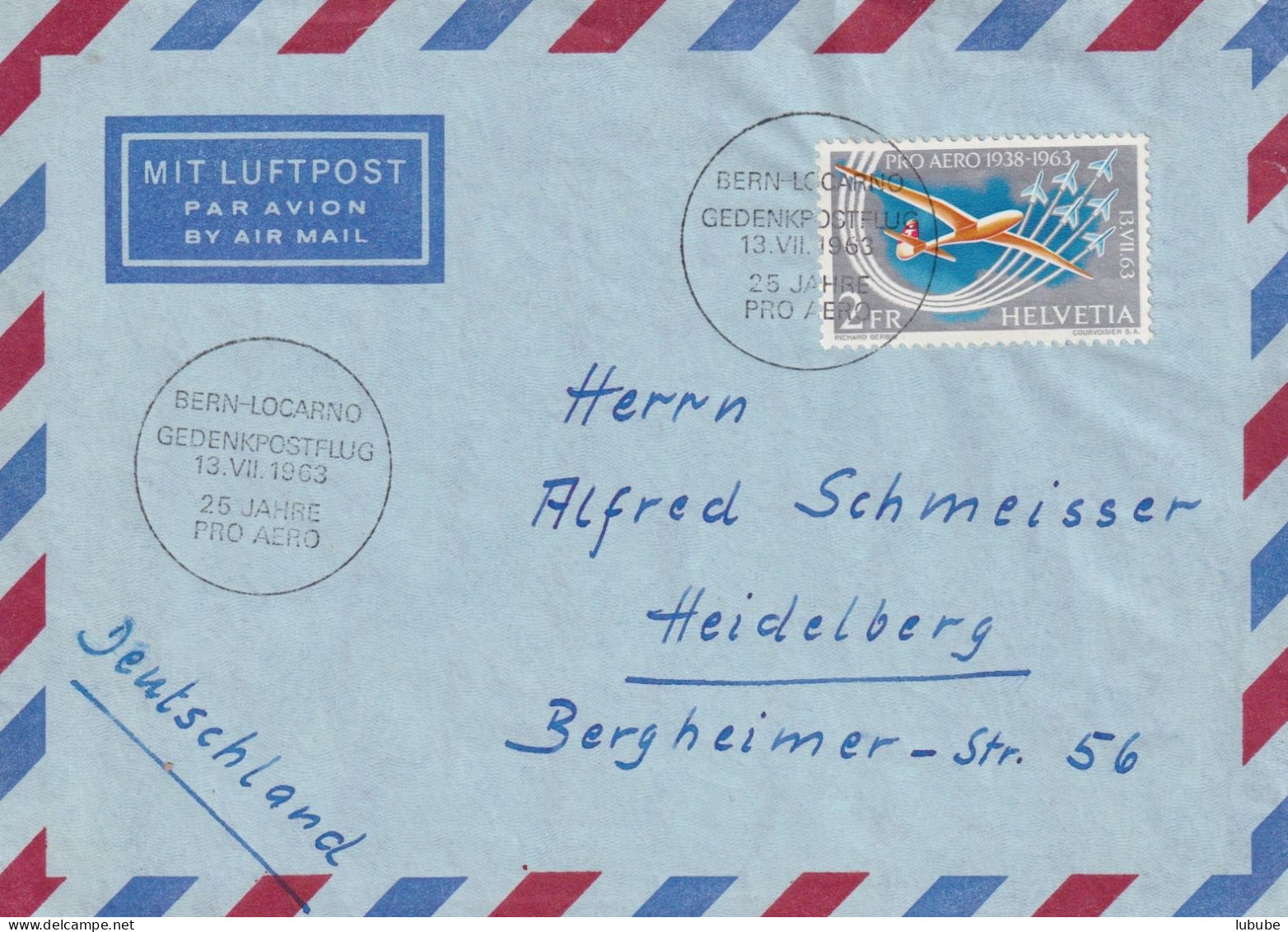 Luftpost Brief  "Gedenkpostflug"  Bern - Locarno - Heidelberg       1963 - Covers & Documents