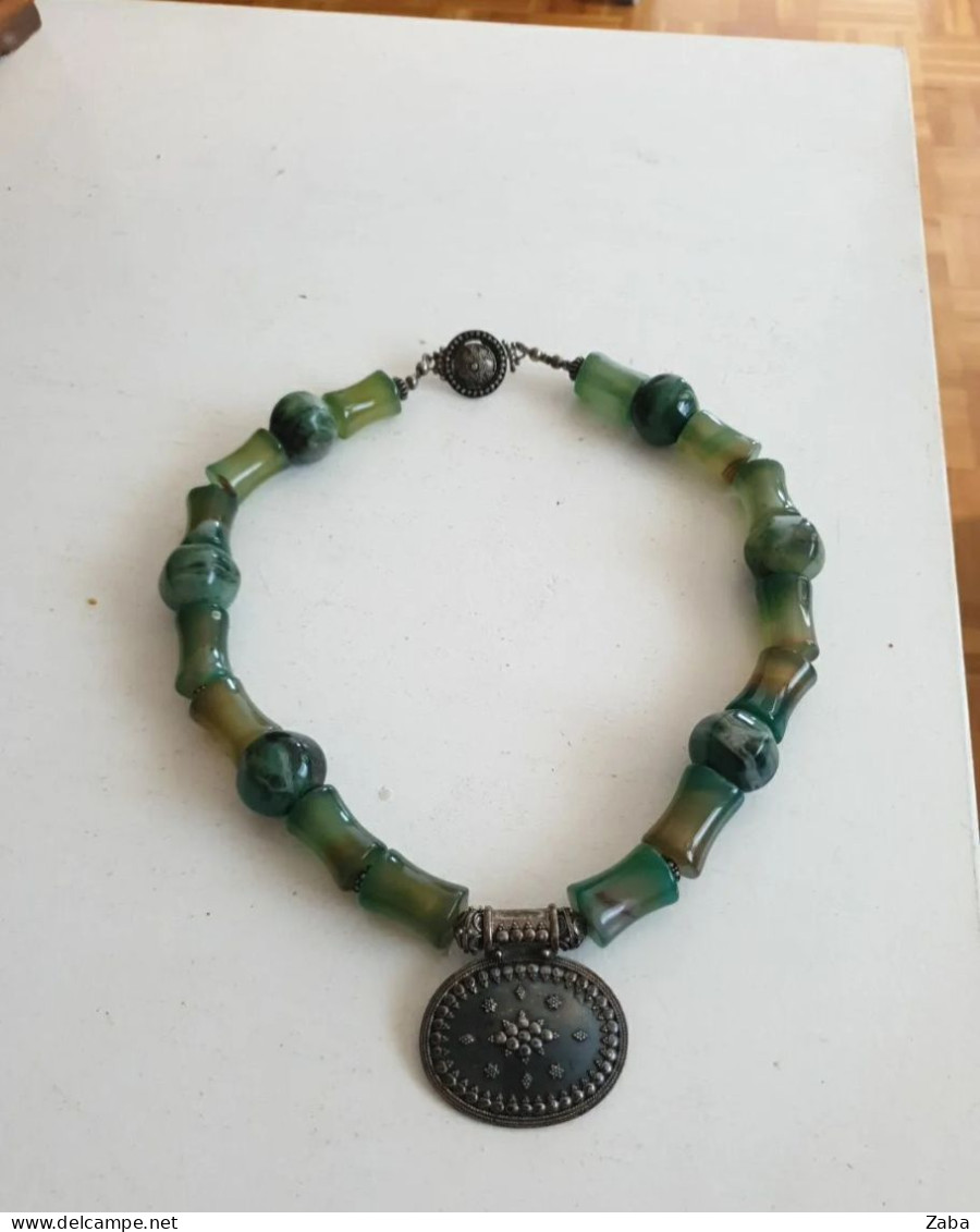 Antique Silver Necklaces With Green Jade