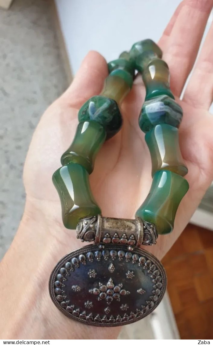 Antique Silver Necklaces With Green Jade