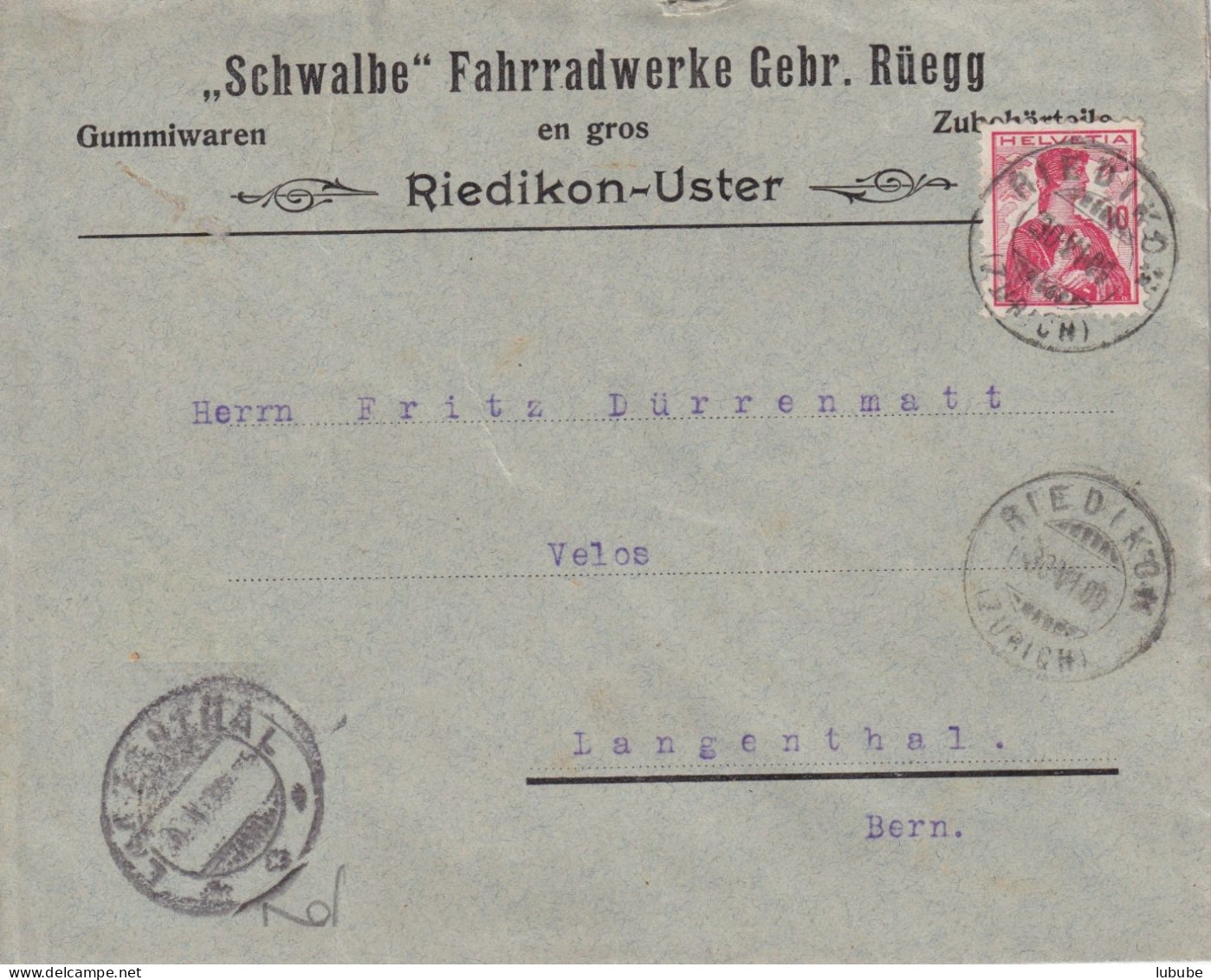 Motiv Brief  "Schwalbe Fahrradwerke Rüegg, Riedikon-Uster"        1909 - Lettres & Documents