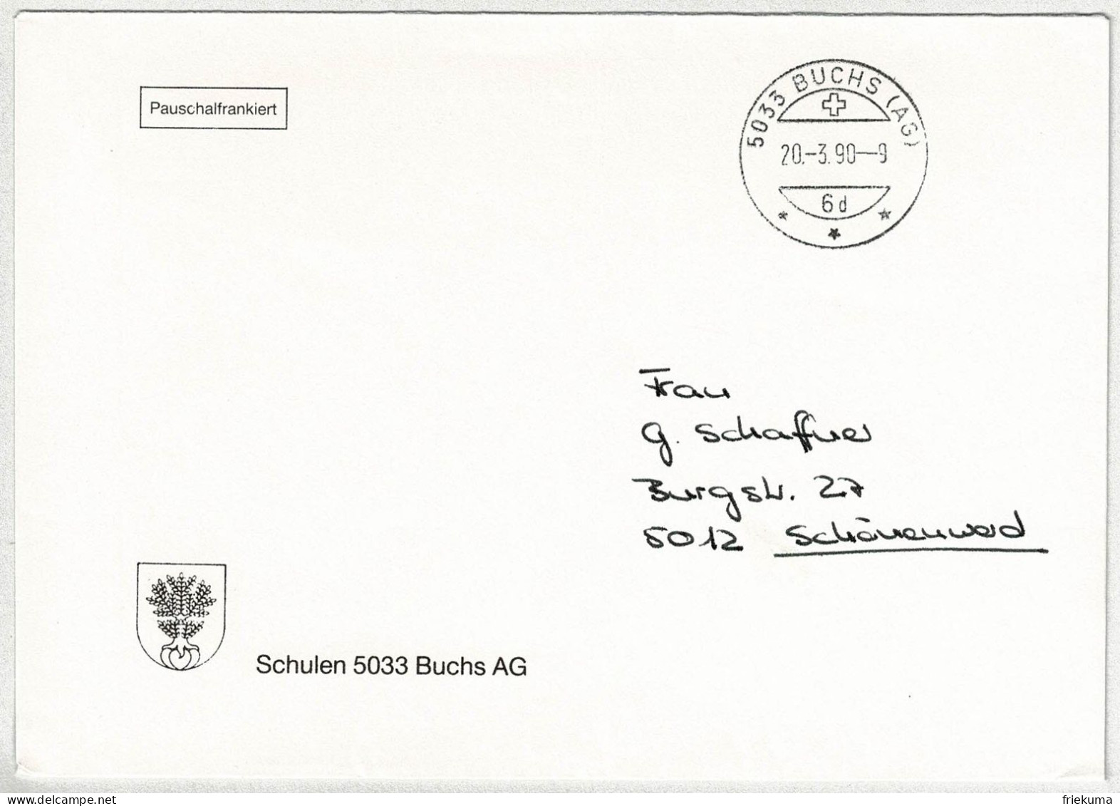 Schweiz 1990, Brief Pauschalfrankiert Buchs - Schönenwerd - Marcophilie