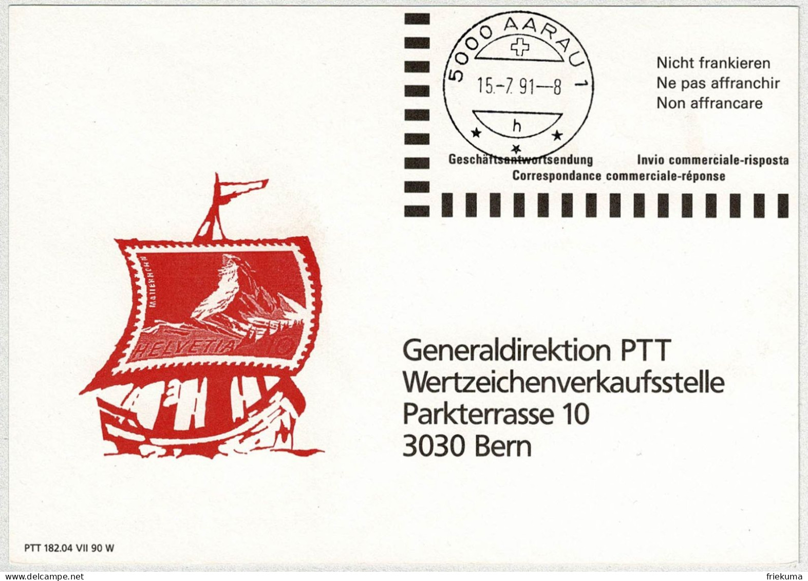 Schweiz 1991, Karte Geschäftsantwortsendung Aarau - Bern - Poststempel