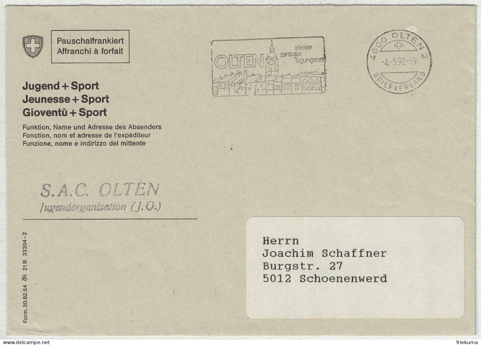 Schweiz 1992, Brief Pauschalfrankiert Olten - Schönenwerd - Poststempel