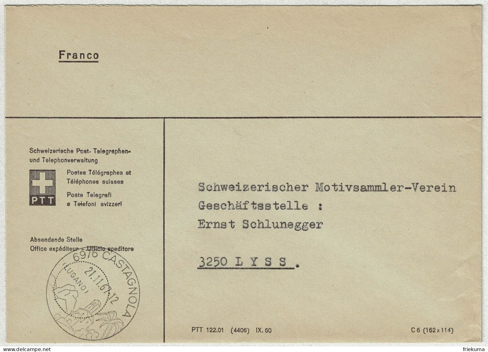 Schweiz 1967, Brief Postsache Franco Castagnola - Lyss - Poststempel