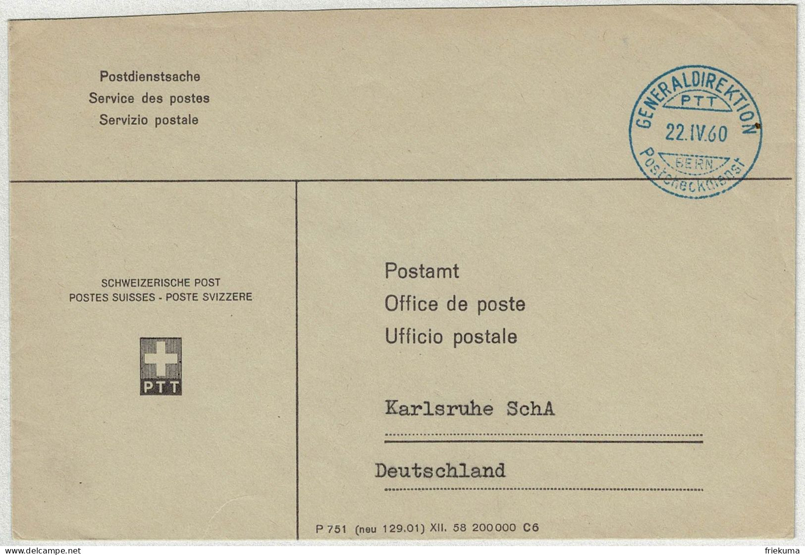 Schweiz 1960, Postdienstsache Generaldirektion PTT Postcheckdienst Bern - Karlsruhe - Poststempel