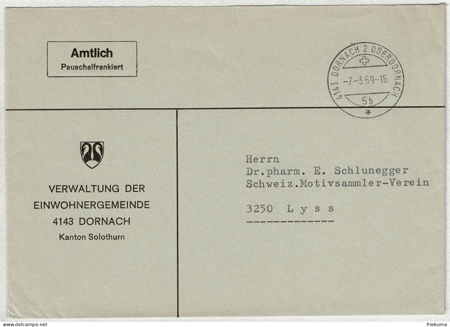 Schweiz 1969, Brief Amtlich Pauschalfrankiert Dornach - Lyss - Marcophilie