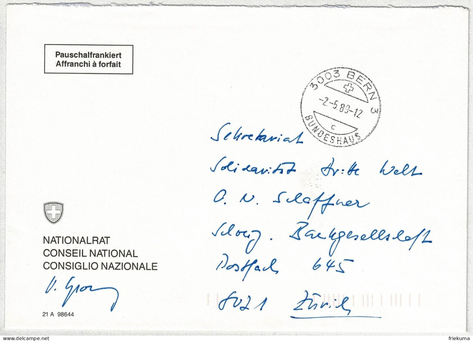 Schweiz 1989, Brief Pauschalfrankiert Bern Bundeshaus - Zürich - Poststempel