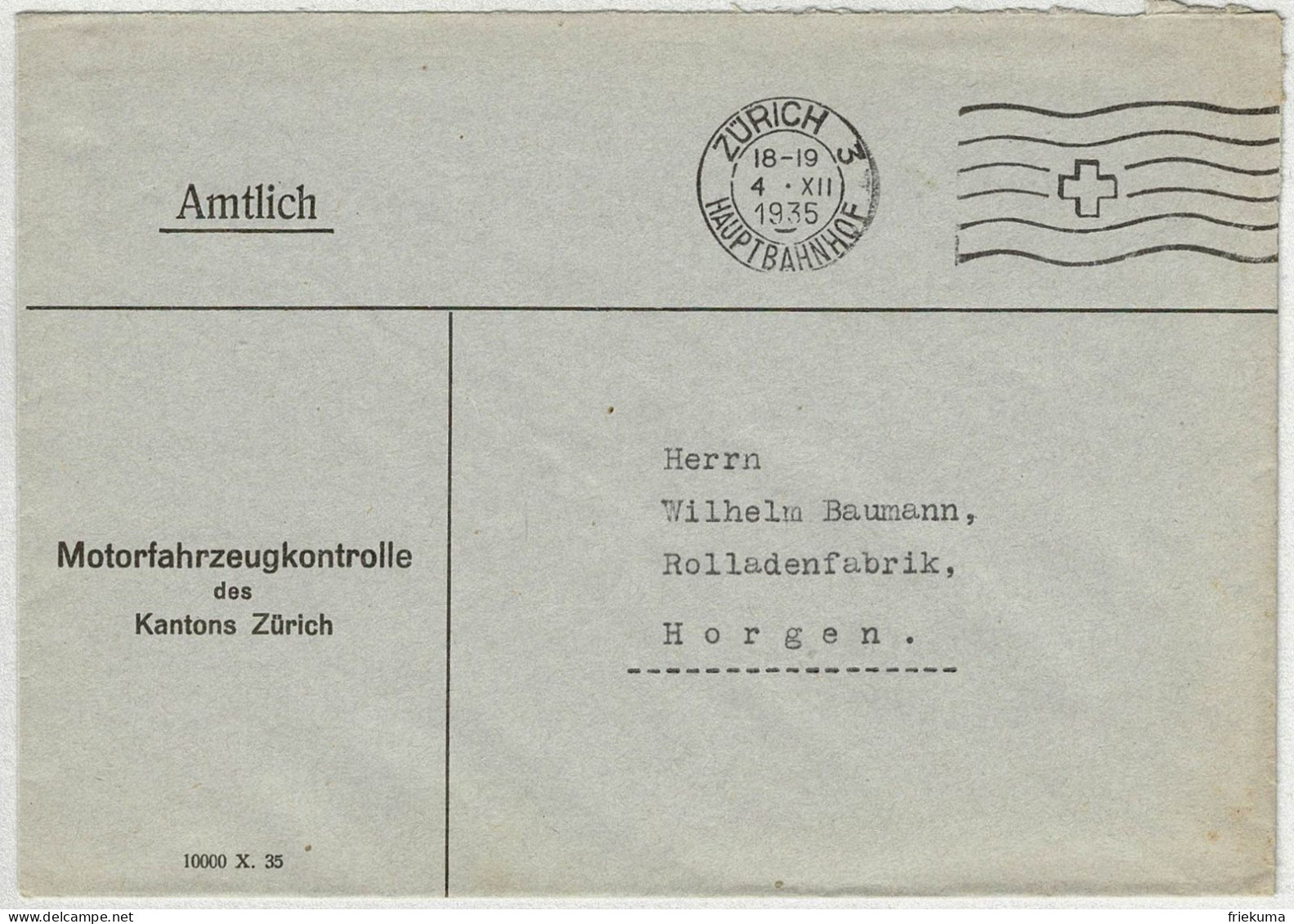 Schweiz 1935, Brief Amtlich Zürich Hauptbahnhof - Horgen - Poststempel