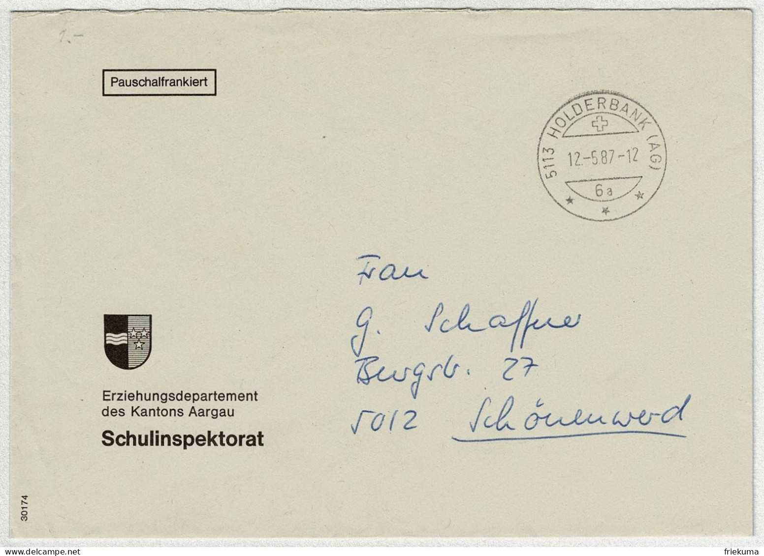 Schweiz 1987, Brief Pauschalfrankiert Holderbank - Schönenwerd - Poststempel