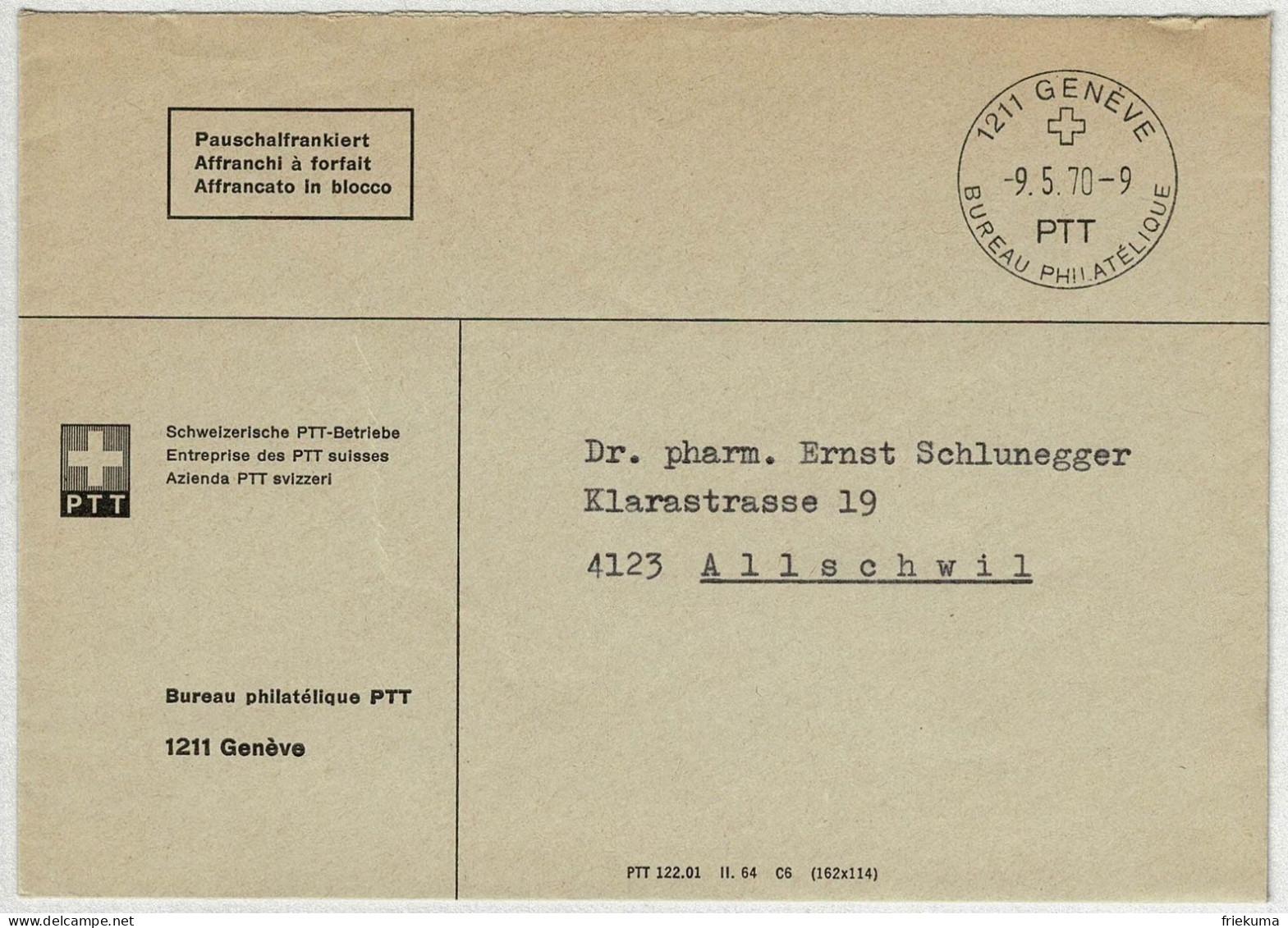 Schweiz 1970, Brief Pauschalfrankiert Bureau Philatélique Genève - Allschwil - Marcophilie