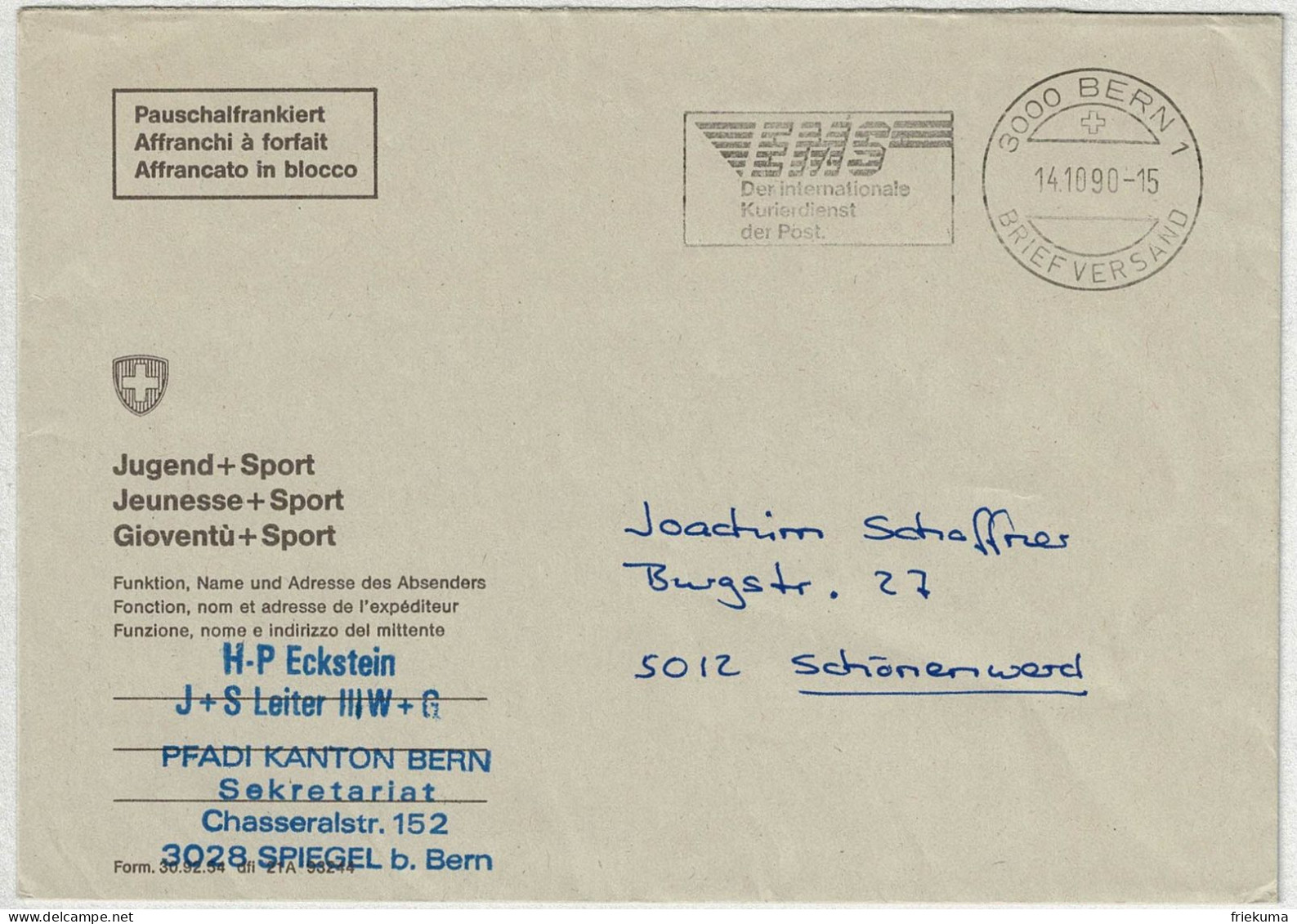 Schweiz 1990, Brief Pauschalfrankiert Bern - Schönenwerd, EMS, Kurierdienst Der Post - Poststempel