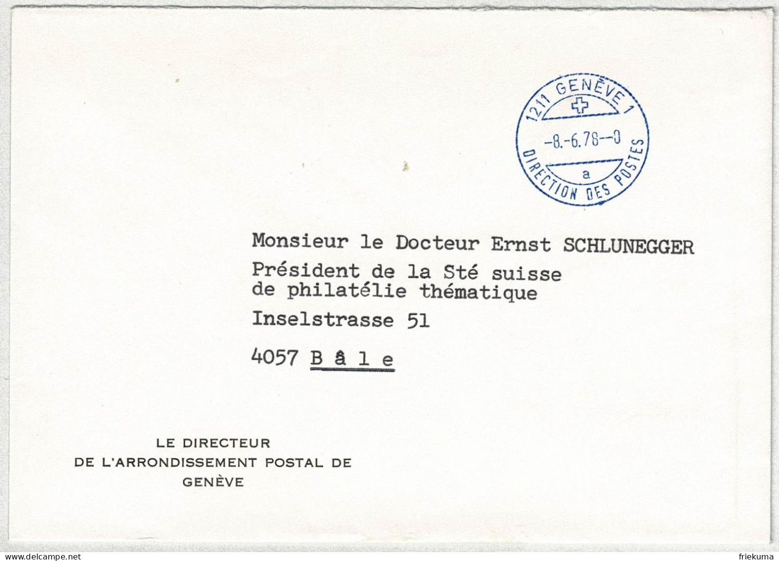 Schweiz 1978, Brief Direction Des Postes Genève - Basel, Postsache, Portofrei - Postmark Collection