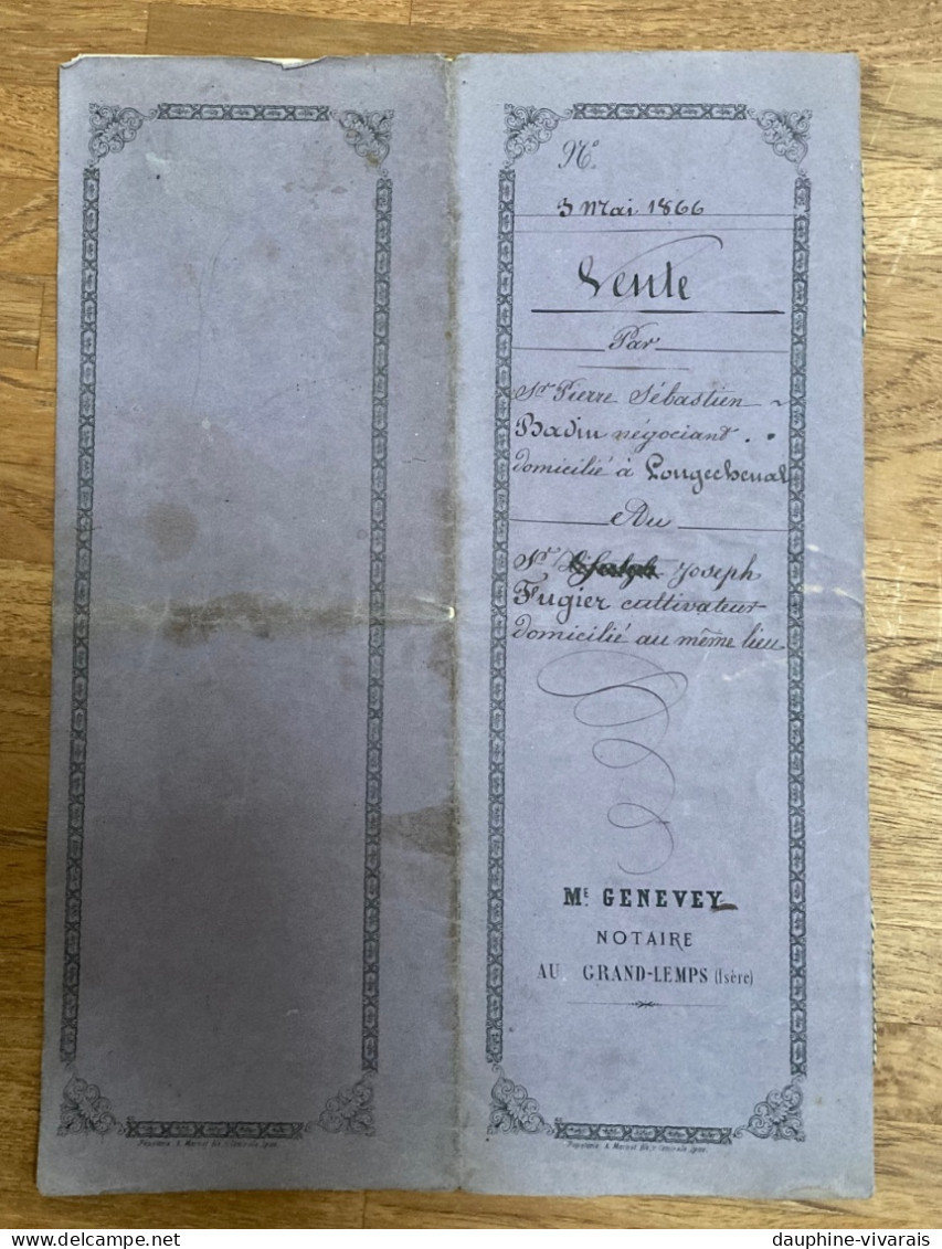 PAPIER TIMBRE 1866  2EME EMPIRE - LONGCHENAL 38 ISERE - VENTE  BADIN FUGIER - Brieven En Documenten