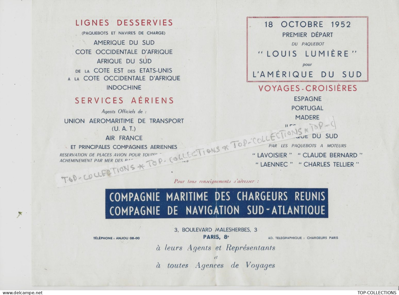 NAVIGATION ++ ENTETE CIE MARITIME DES CHARGEURS REUNIS « salon Nautique 1952 » DEPLIANT SUR 4 PAGES V.SCANS+HISTORIQUE - 1900 – 1949
