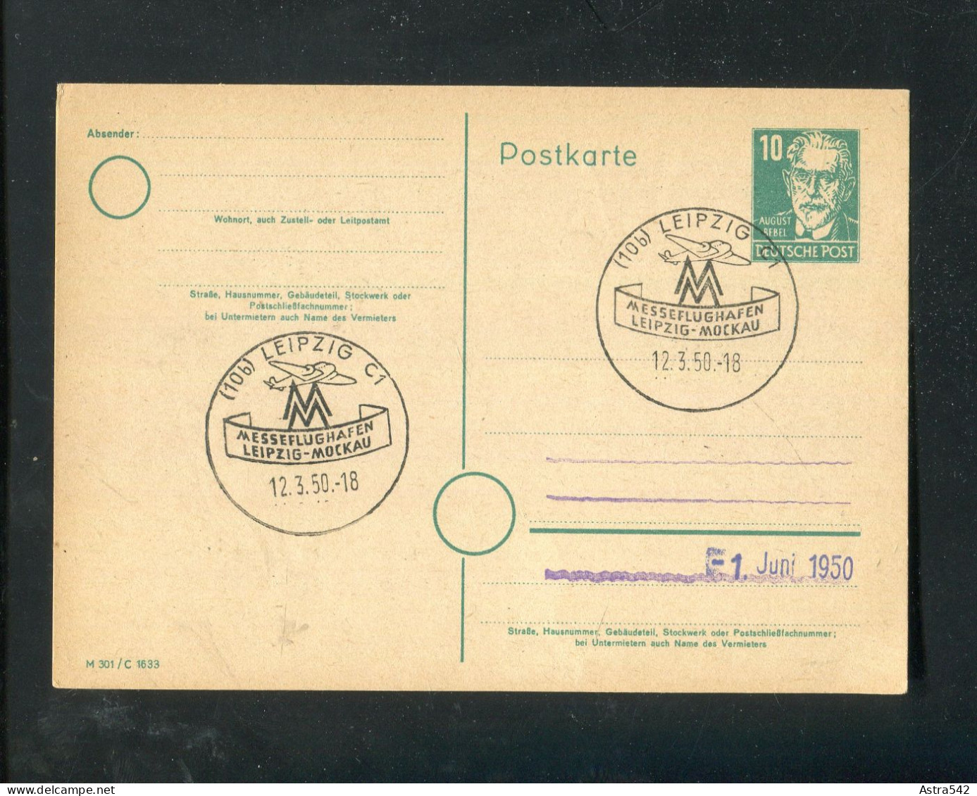 "SBZ" 1950, Postkarte Mi. P 35/02 (M 301 C 1633) SSt. "LEIPZIG, Messeflughafen" (A1209) - Entiers Postaux