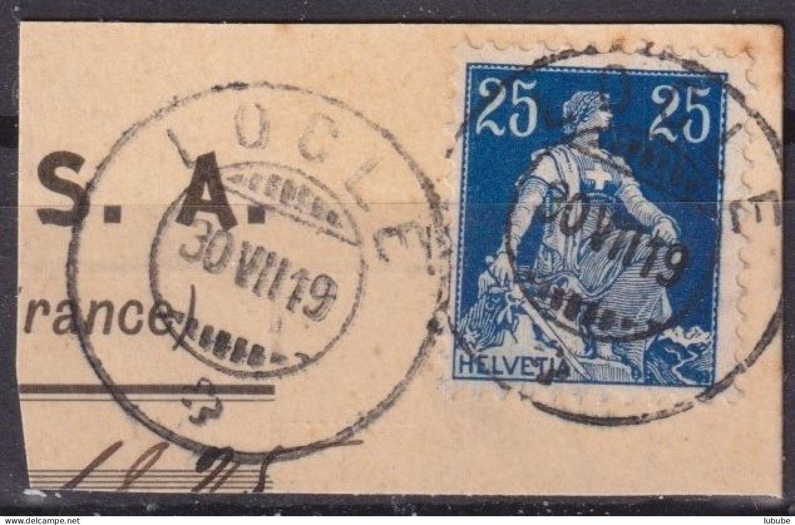 Helvetia Mit Schwert 109, 25 Rp.dunkel-/hellblau  LOCLE        1919 - Oblitérés