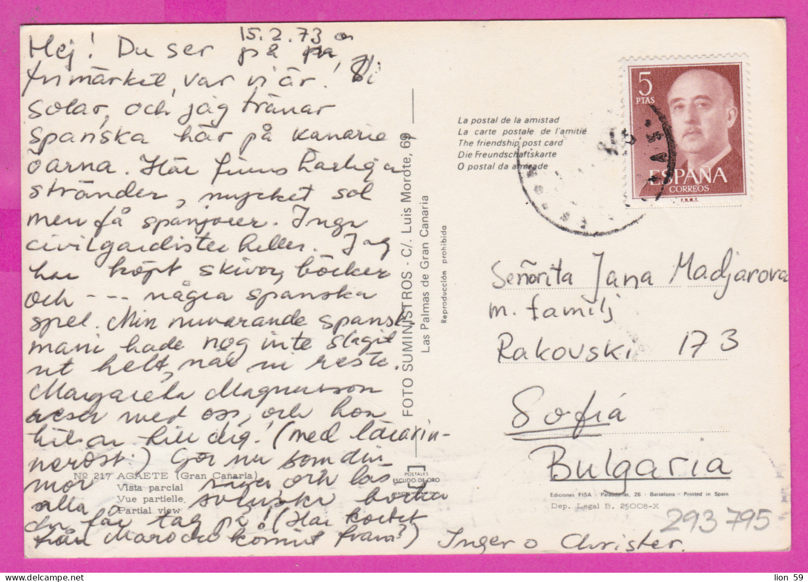 293795 / Spain - Agaete (Gran Canaria) Vista Parcial Panorama PC 1973 USED  5 Pta General Francisco Franco - Covers & Documents