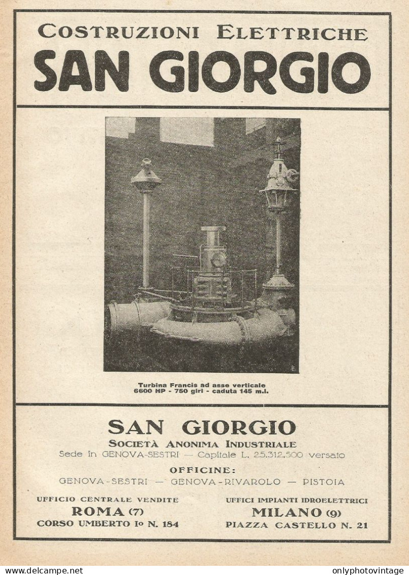 Turbina Francis Ad Asse Verticale San Giorgio - Pubblicità 1928 - Advertis - Publicités