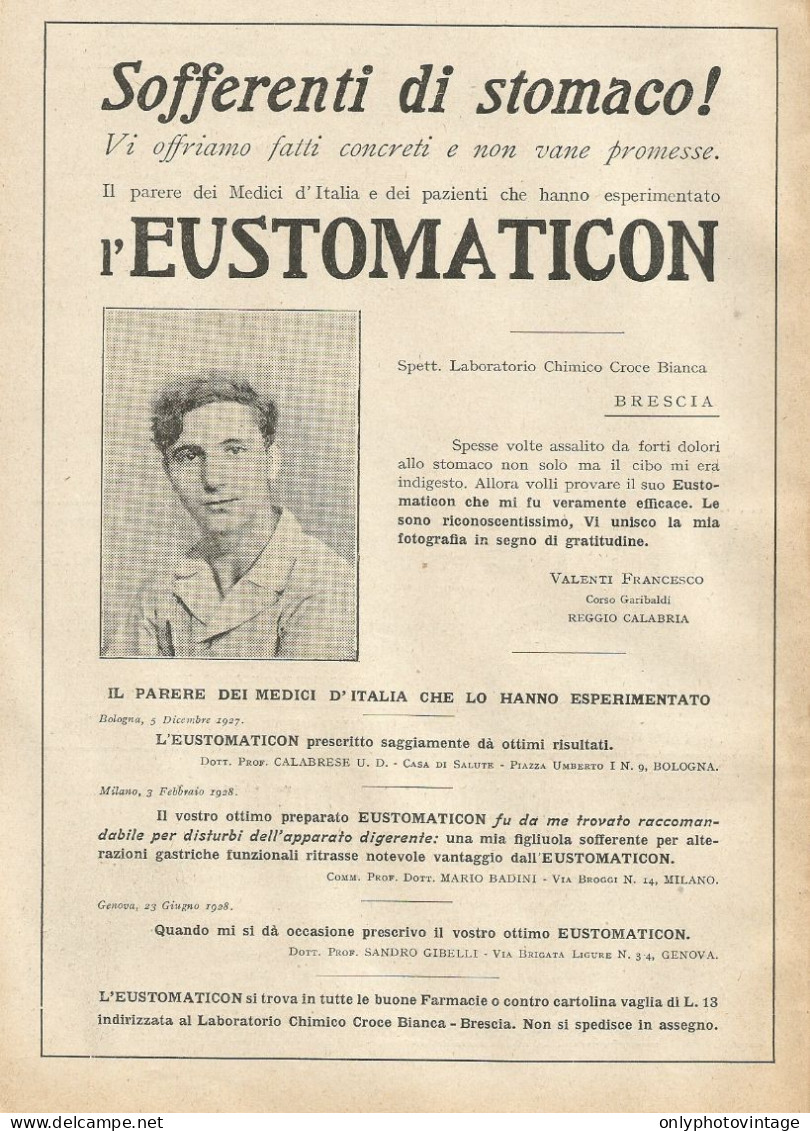 EUSTOMATICON Contro Mal Di Stomaco - Pubblicità 1928 - Advertising - Publicités