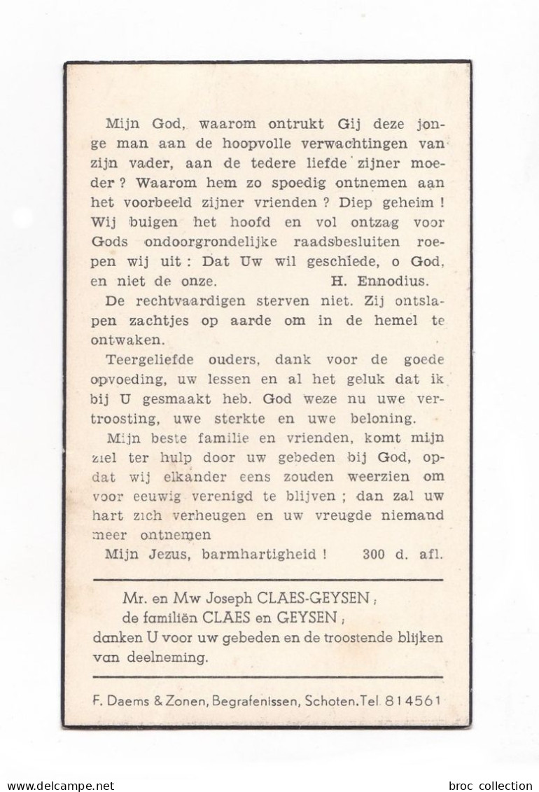 Sint Job In't Goor, Merksem, Doodsprentje Van Ludovicus Joannes Claes, 25/07/1953, 12 Ans, Enfant, Kind, Mémento, Décès - Devotieprenten