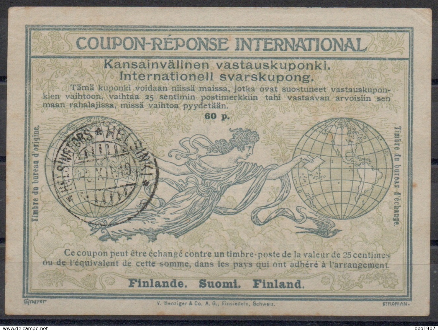 FINLAND FINLANDE 1919  Ro4  60p  First International Reply Coupon Reponse Antwortschein IRC IAS  HELSINGFORS 03.12.1919 - Postal Stationery
