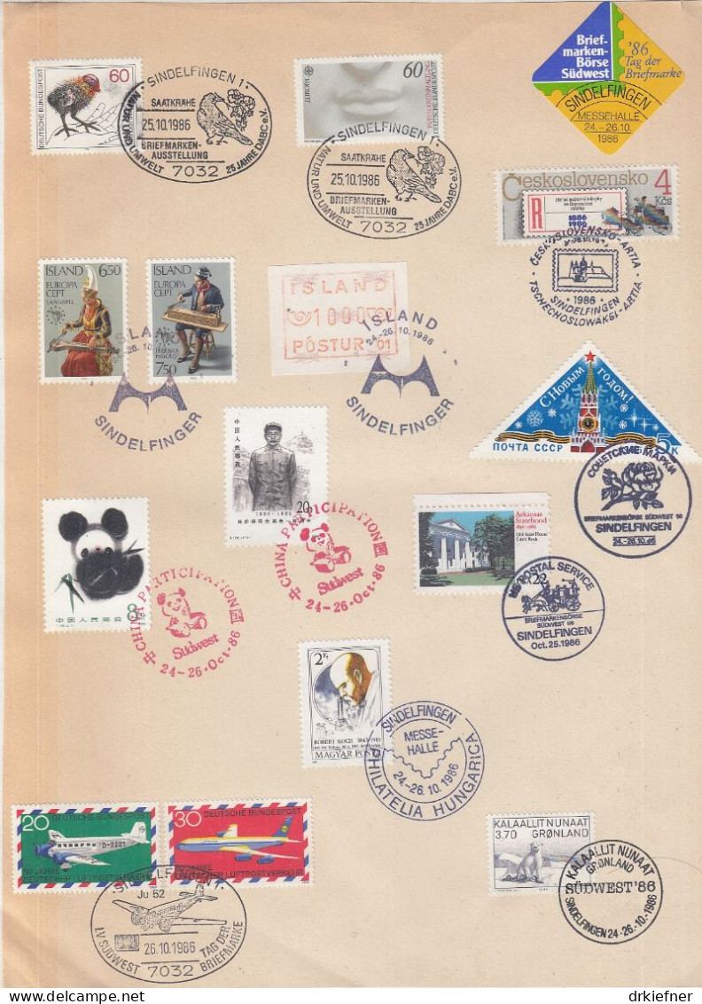 Briefmarkenbörse SÜDWEST, Sindelfingen 1986, Sammelblatt Mit 9 Verschiedenen Stempel Der Börse - Briefmarkenausstellungen