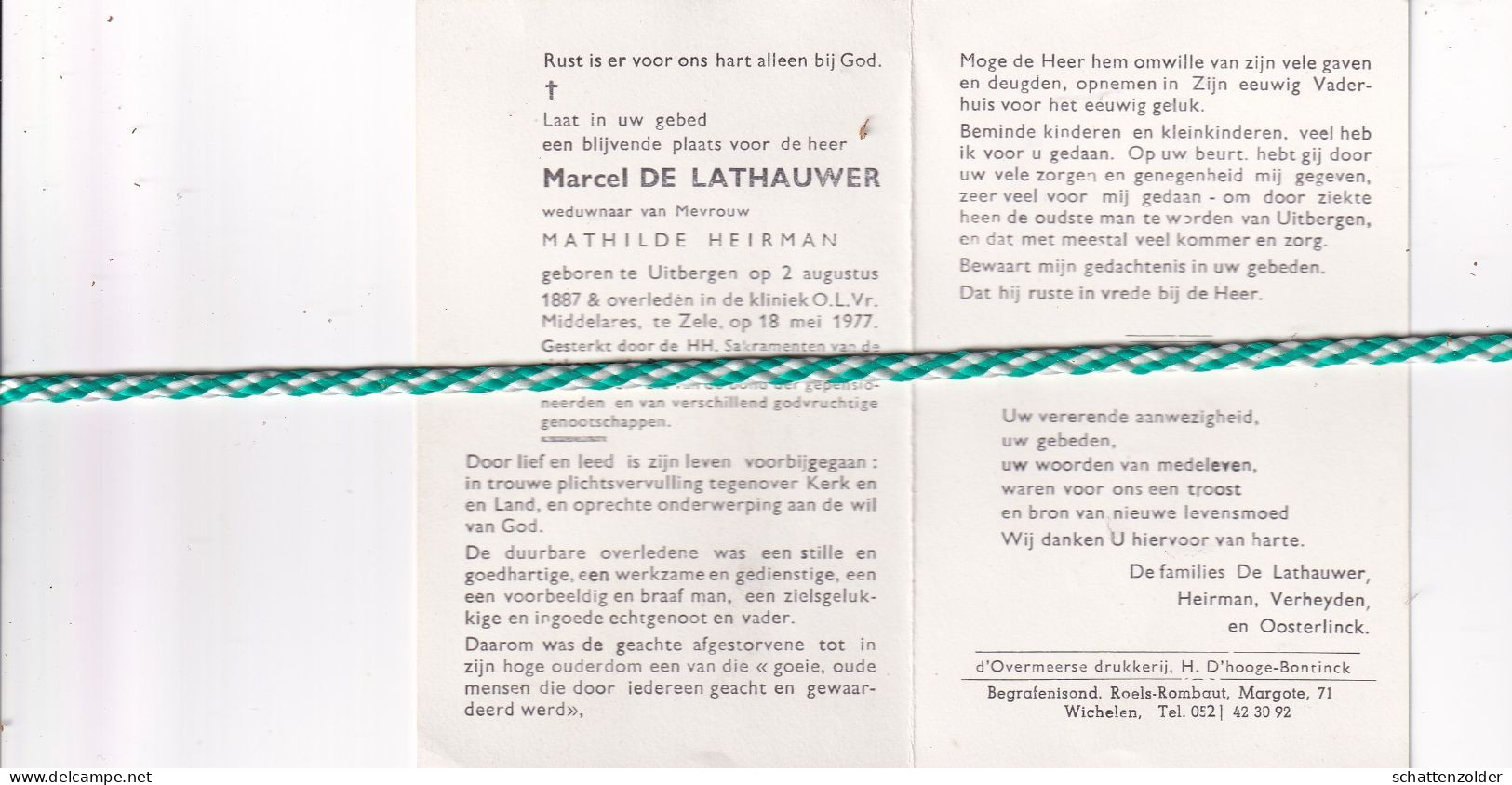 Marcel De Lathauwer-Heirman, Uitbergen 1887, Zele 1977. Opgeëiste 14-18 - Todesanzeige