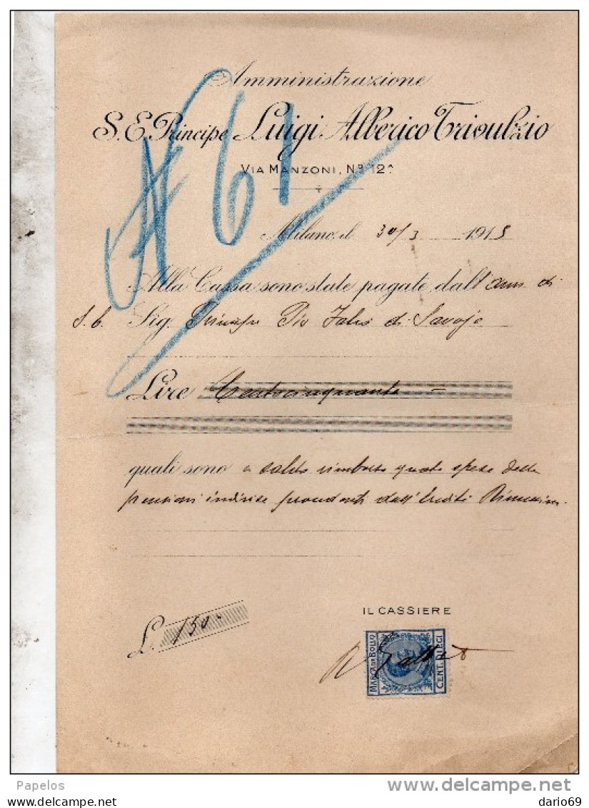 1915  FATTURA MILANO - PRINCIPE LUIGI ALMERICO - Italy