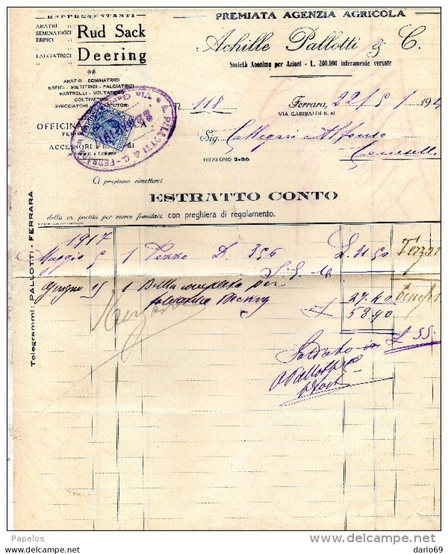 1917 FATTURA FERRARA AGENZIA AGRICOLA - Italy