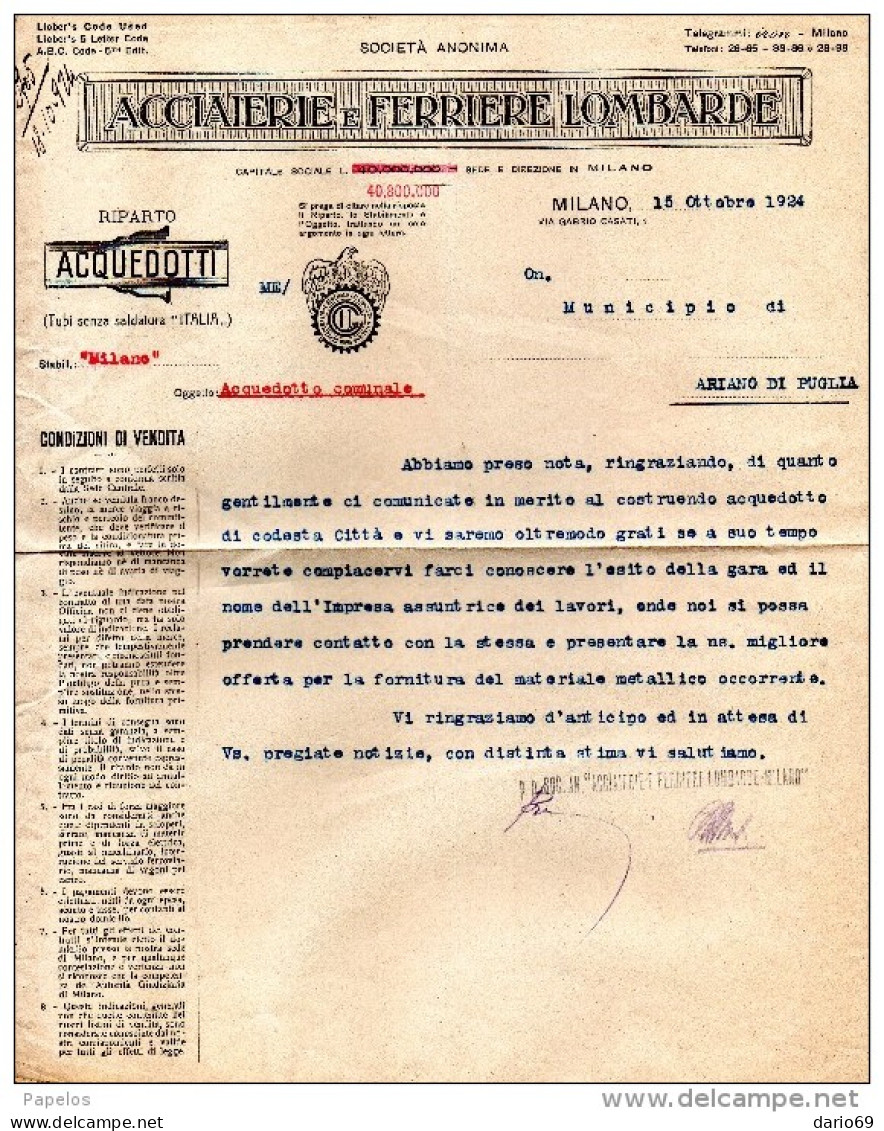 1924 FATTURA  MILANO ACCIAIERIE LOMBARDE - Italy