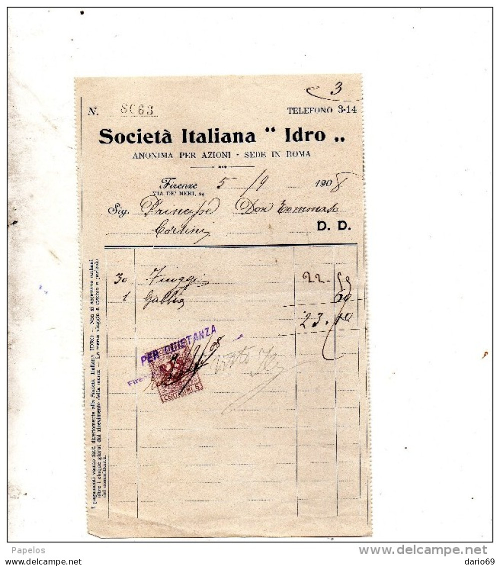1908 FATTURA  FIRENZE SOCIETÀ ITALIANA IDRO - Italie