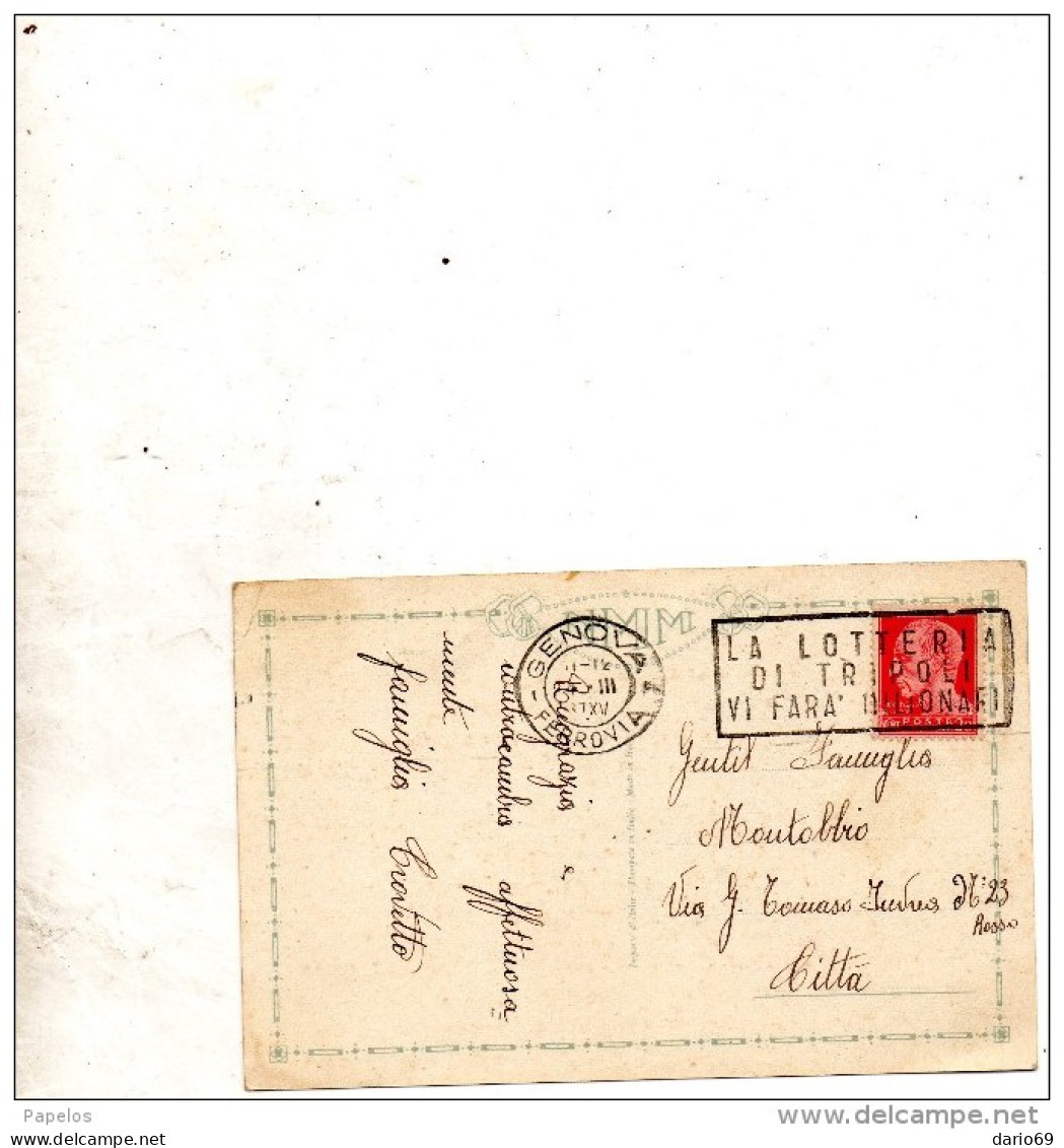 1937 CARTOLINA CON ANNULLO GENOVA   + LA LOTTERIA DI TRIPOLI VI FARA' MILIONARI - Marcophilie