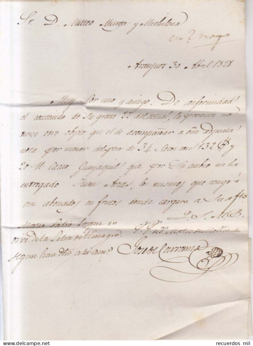 Prefilatelia Año 1828 Carta Marcas Nº2 Roja CªNª Aranjuez Y Porteo Negro 5 Y Llegada Jose De Carranza - ...-1850 Préphilatélie