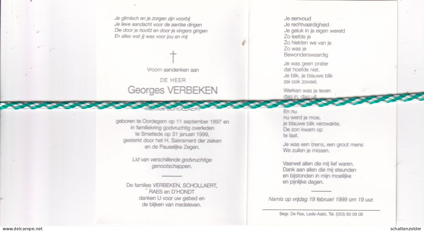 Georges Verbeken-Schollaert, Oordegem 1897, Smetlede 1999. Honderdjarige. Foto - Décès