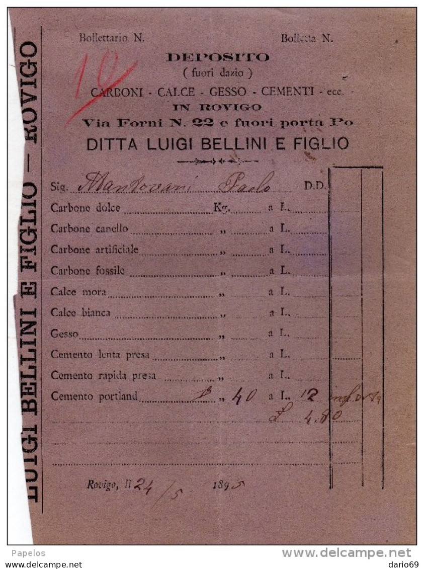 1895   FATTURA  ROVIGO   -  DEPOSITO CARBONE CALCE GESSO - Italy