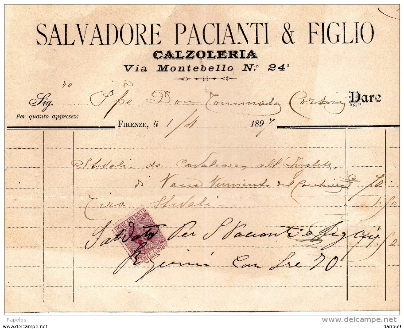 1897   FATTURA  FIRENZE CALZOLERIA - Italy