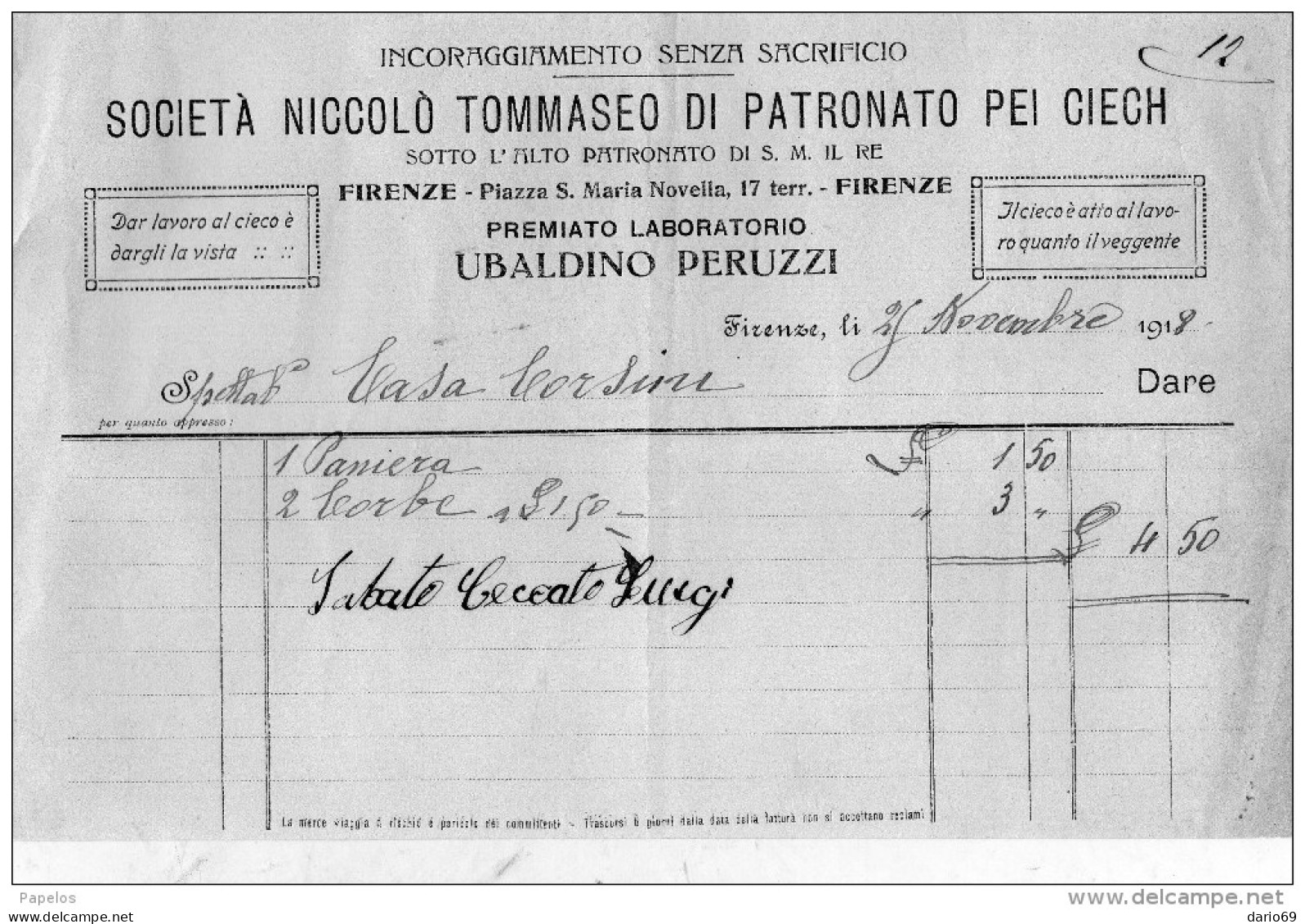 1918 FIRENZE SOCIETÀ NICCOLÒ TOMMASEO DI PATRONATO PER CIECHI - Italie