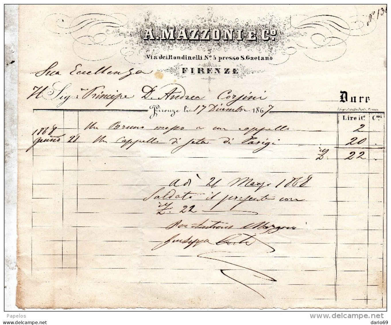1867  FATTURA  FIRENZE    A.  MAZZONI - Italy