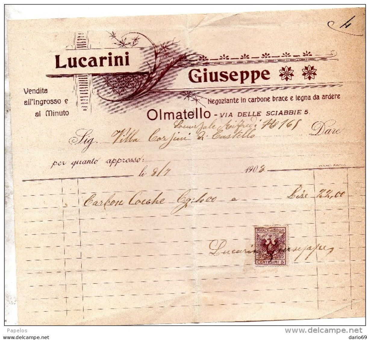 1908   FATTURA  OLMATELLO  - NEGOZIATE IN CARBONE E LEGNA DA ARDERE - Italy
