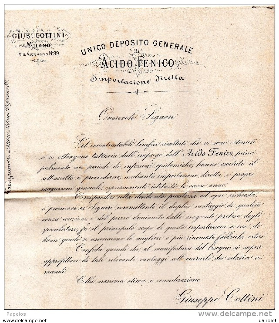 1885  LETTERA CON ANNULLO  MILANO DEPOSITO DI ACIDO FENICO - Marcophilia