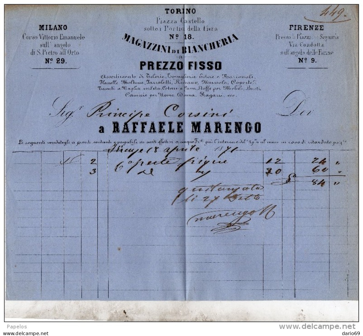 1871 FIRENZE - RAFFAELE MARENGO MAGAZZINI DI BIANCHERIA - Italië