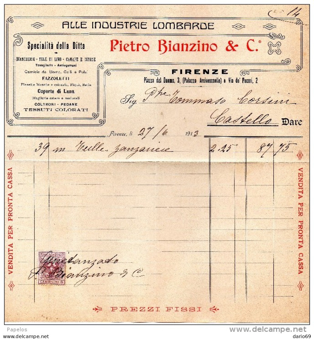 1913   FIRENZE - PIETRO BIANZINO - SPECIALITÀ BIANCHERIA TELI DI LINO - Italien
