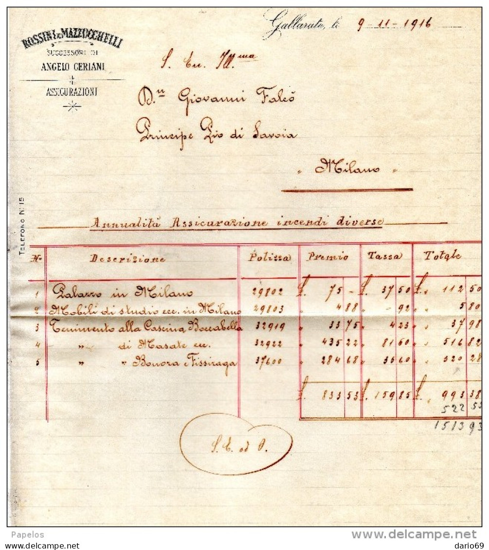 1916 GALLARATE ROSSINI E MAZZUCCHELLI ASSICURAZIONI - Italie